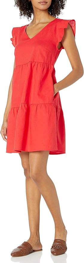 Goodthreads Women's Relaxed-Fit Washed Linen Blend Flutter-Sleeve Peasant Dress | Amazon (US)