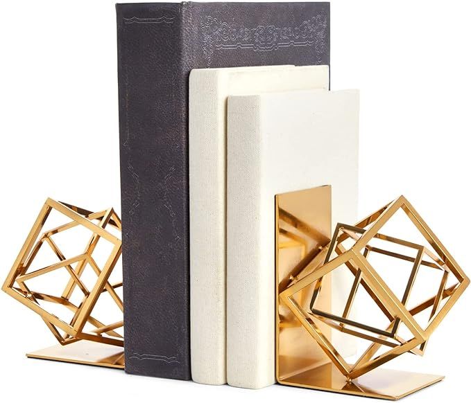 Decorative Gold Bookends with Square Metal Geometric Design, for Books, Magazines, Journals, Mode... | Amazon (US)