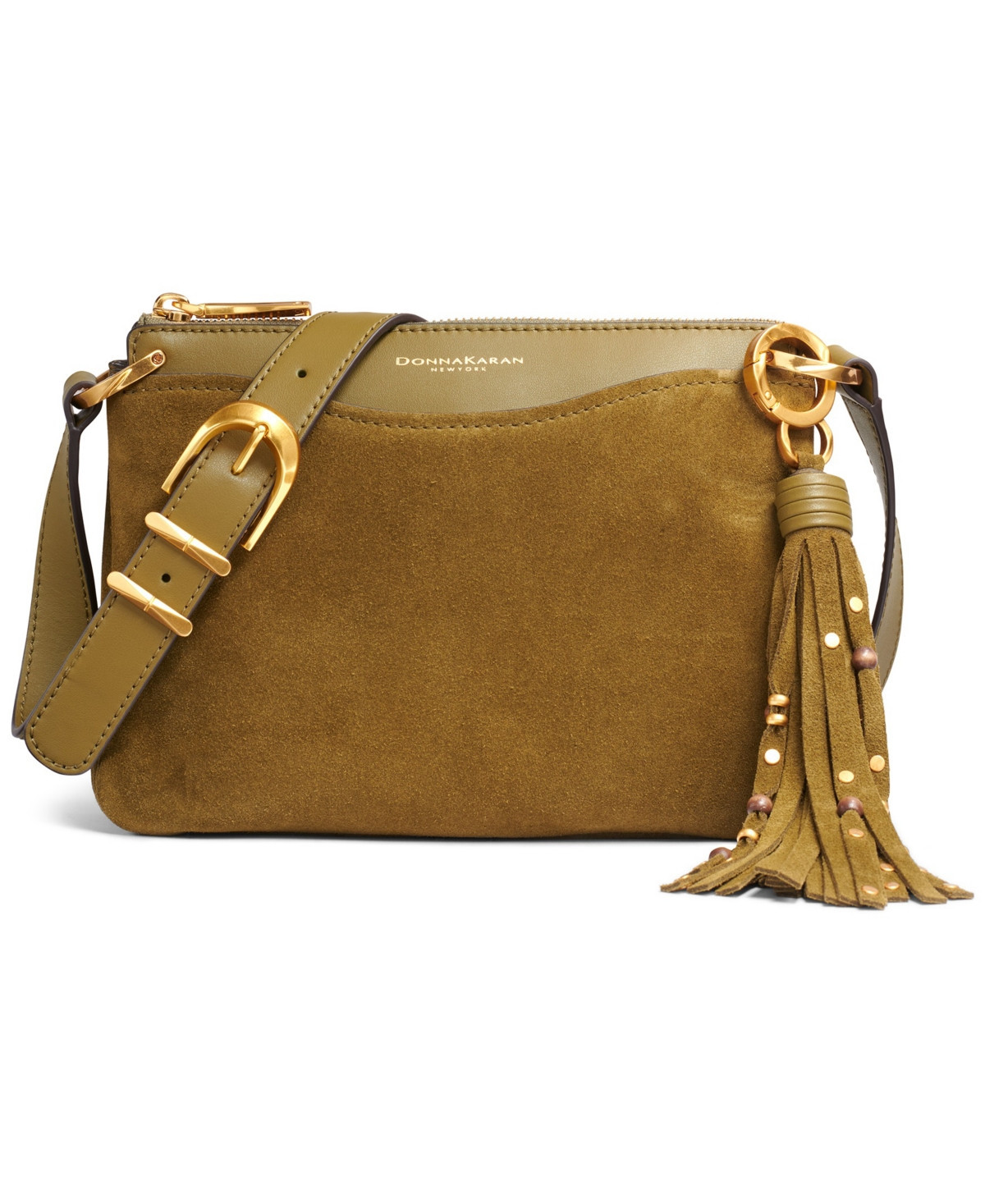 Donna Karan New York Glenwood Zippered Suede Crossbody with Beaded Tassel Detail - Smoky Olive | Macy's