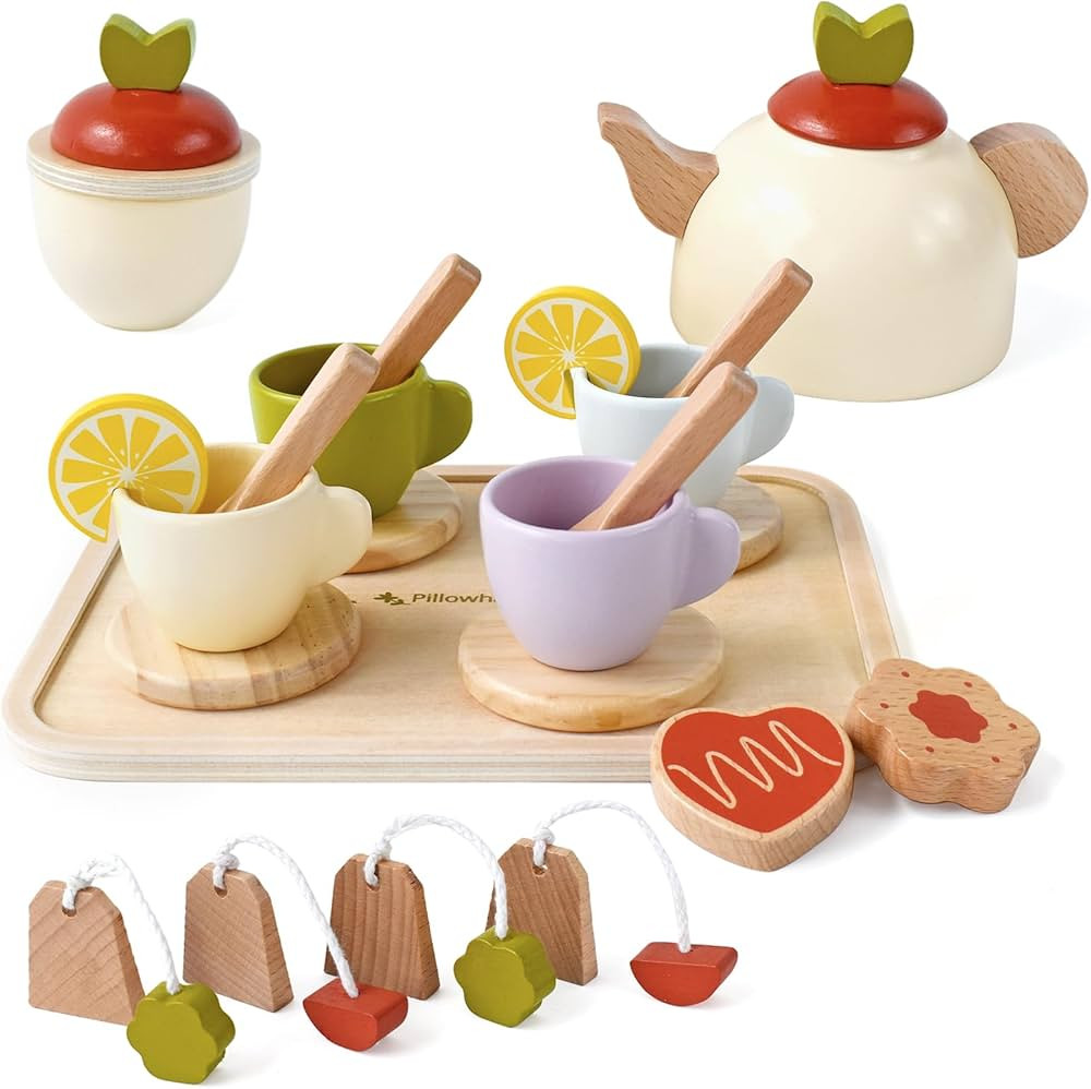 Pillowhale Wooden Toys Tea Party Set,Tea Set for Little Girls,Toddler Tea Set,Kids Play Kitchen A... | Amazon (US)