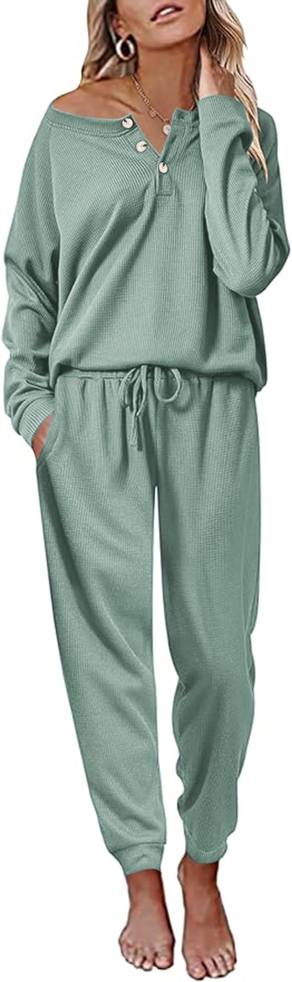 Andeip Womens Pajama Set Waffle Knit Lounge Set 2 Piece Long Sleeve Top and Pants Loungewear Pj S... | Amazon (US)
