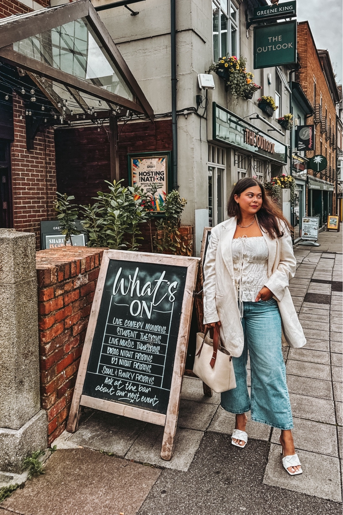 Drawstring detail linen top with white blazer and wide cropped jeans. Neutral canvas bag and white mules 

#LTKuk #LTKSummerSale #LTKstyletip