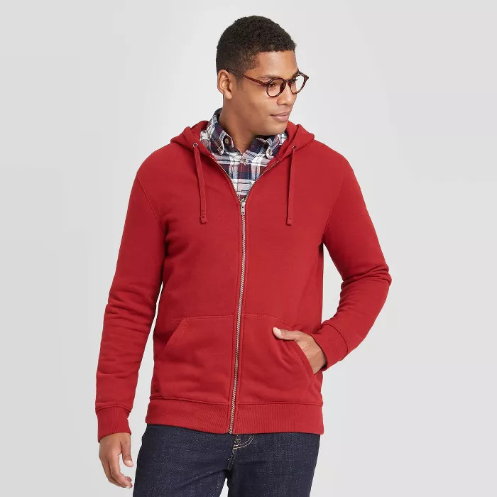 Men's Regular Fit Full Zip Fleece Pullover Hoodie - Goodfellow & Co™ Scarlet Red | Target