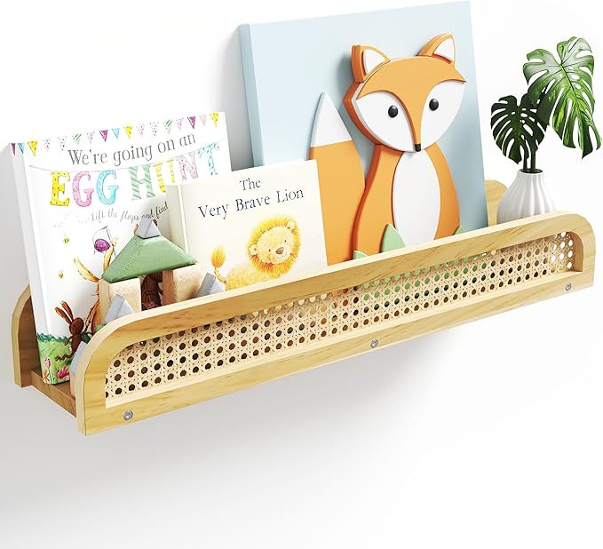 Rattan Wall Shelf, Natural Boho Bookshelves for Wall, Modern Wooden Wicker Shelf, Cute Nursery Sh... | Amazon (US)