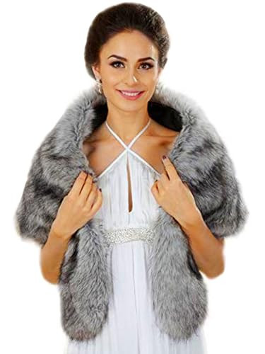Aukmla Women's Wedding Fur Wraps and Shawls Bridal Fur Stoles Scarf with Rhinestones Brooch for Bride and Bridesmaids (Grey, US 4-14 (S-M)) | Amazon (US)