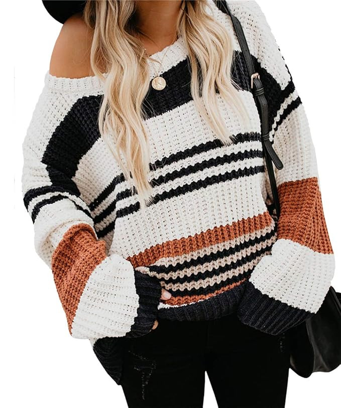 KIRUNDO Women’s Strip Color Block Short Sweater Long Sleeves Stitching Color Round Neck Loose P... | Amazon (US)