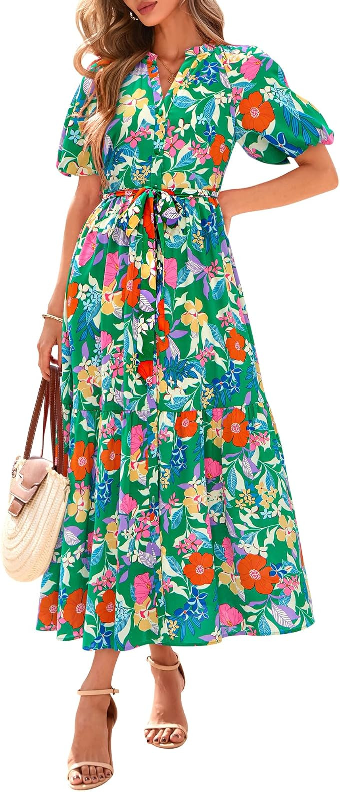 BTFBM Summer Dresses for Women 2026 Boho Short Sleeve V Neck Button Belt Flowy Spring Clothes Bea... | Amazon (US)