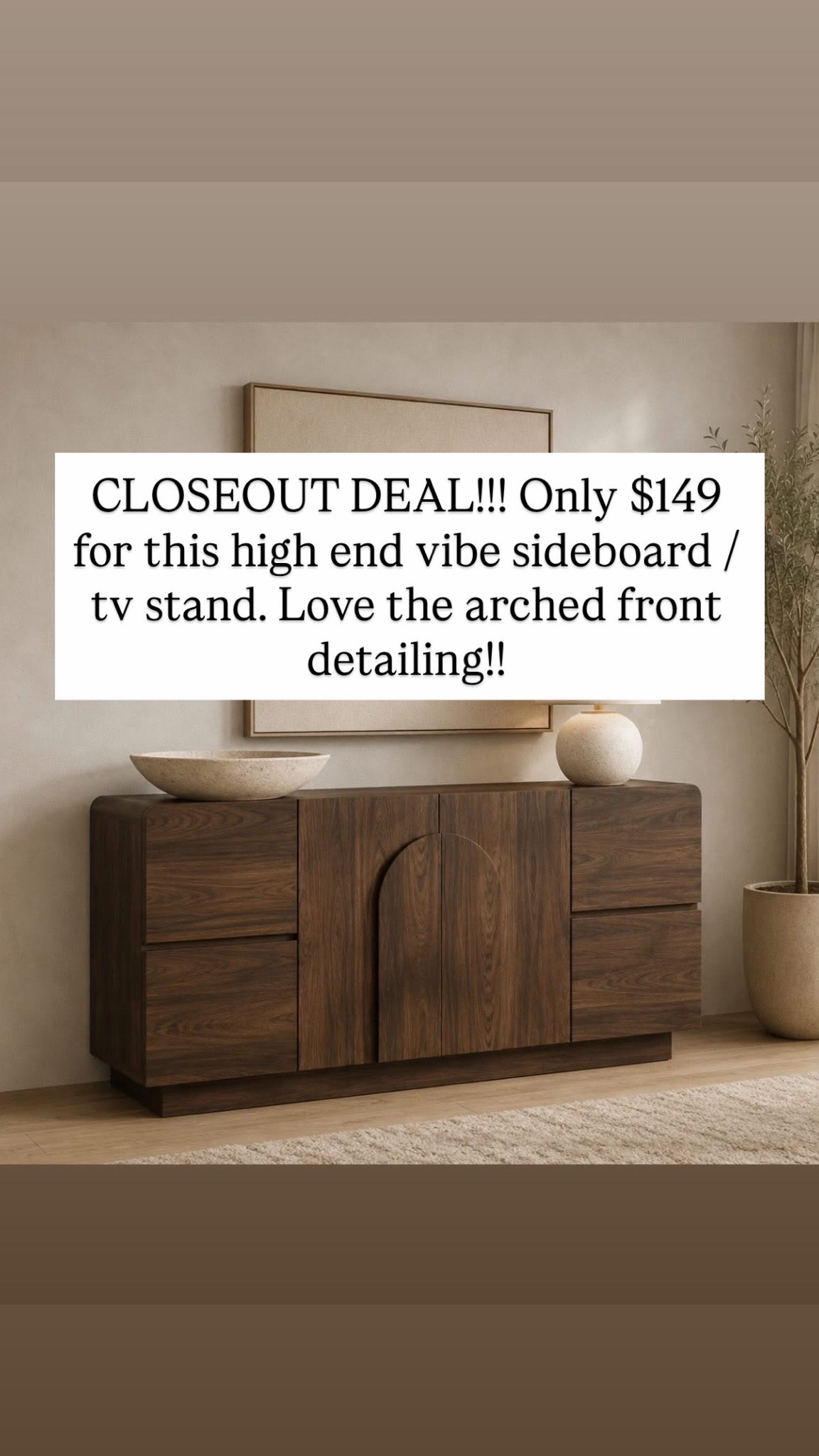 CLOSEOUT DEAL!!! Only $149 for this high end vibe sideboard / tv stand. Love the arched front detailing!!