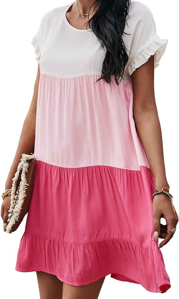 IFULL Casual T Shirt Dress, Crewneck Ruffle Short Sleeve Color Block Loose Swing Dress | Amazon (US)