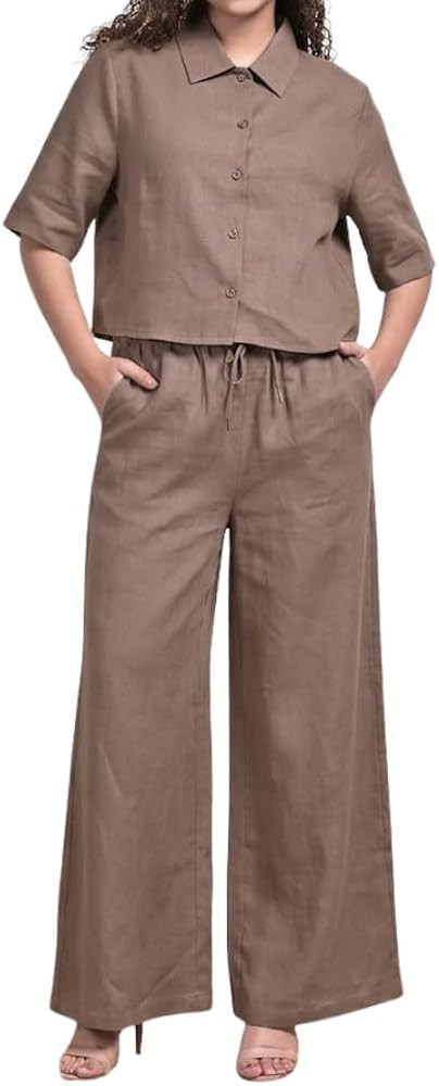 YUSHE 3 Piece Lounge Set for Women | Linen Crop Shirt with Shorts & Pants | Matching Co Ord Set |... | Amazon (US)