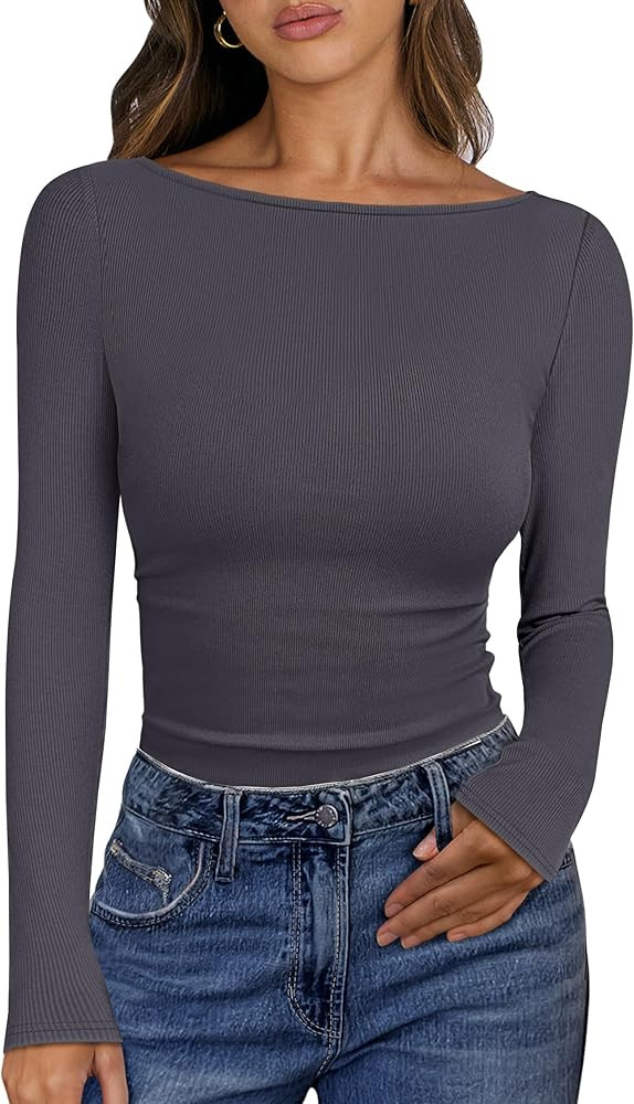 ANRABESS Women's Boat Neck Long Sleeve Shirts Rib Knit Slim Fitting Tops Basic Tees 2026 Casual C... | Amazon (US)