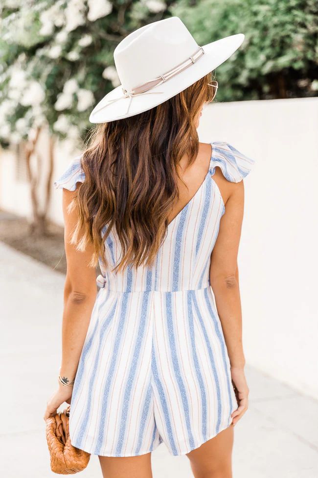 Stay Up All Night White/Blue Stripe Wrap Romper | The Pink Lily Boutique