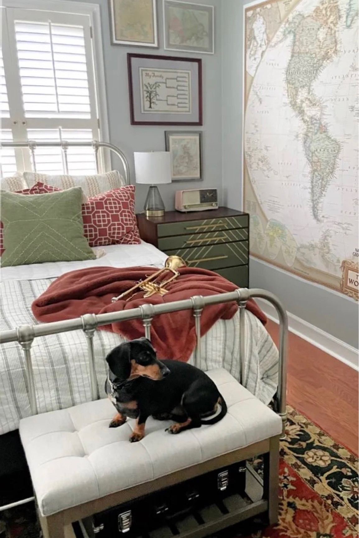 Boys room, vintage map, wall mural, olive green, metal bed, vintage look, map
Rust bedding, bench, green rug

#LTKhome