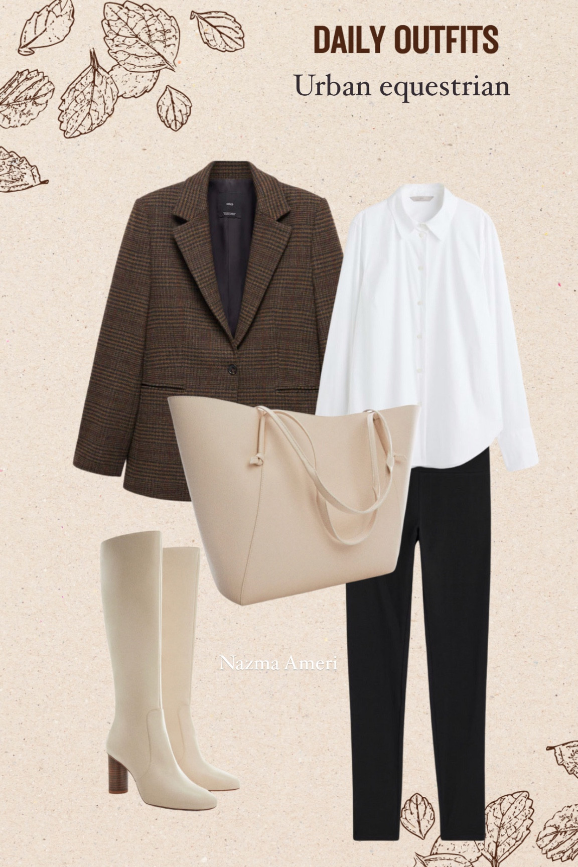 Oversized brown blazer white shirt knee boots 👢autumn urban equestrian 