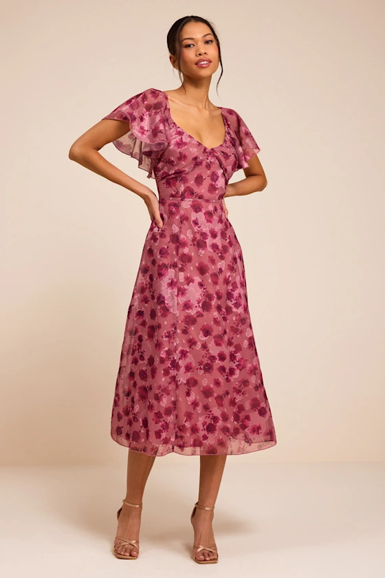 Camillo Mauve Floral Jacquard Flutter Sleeve Midi Dress | Lulus