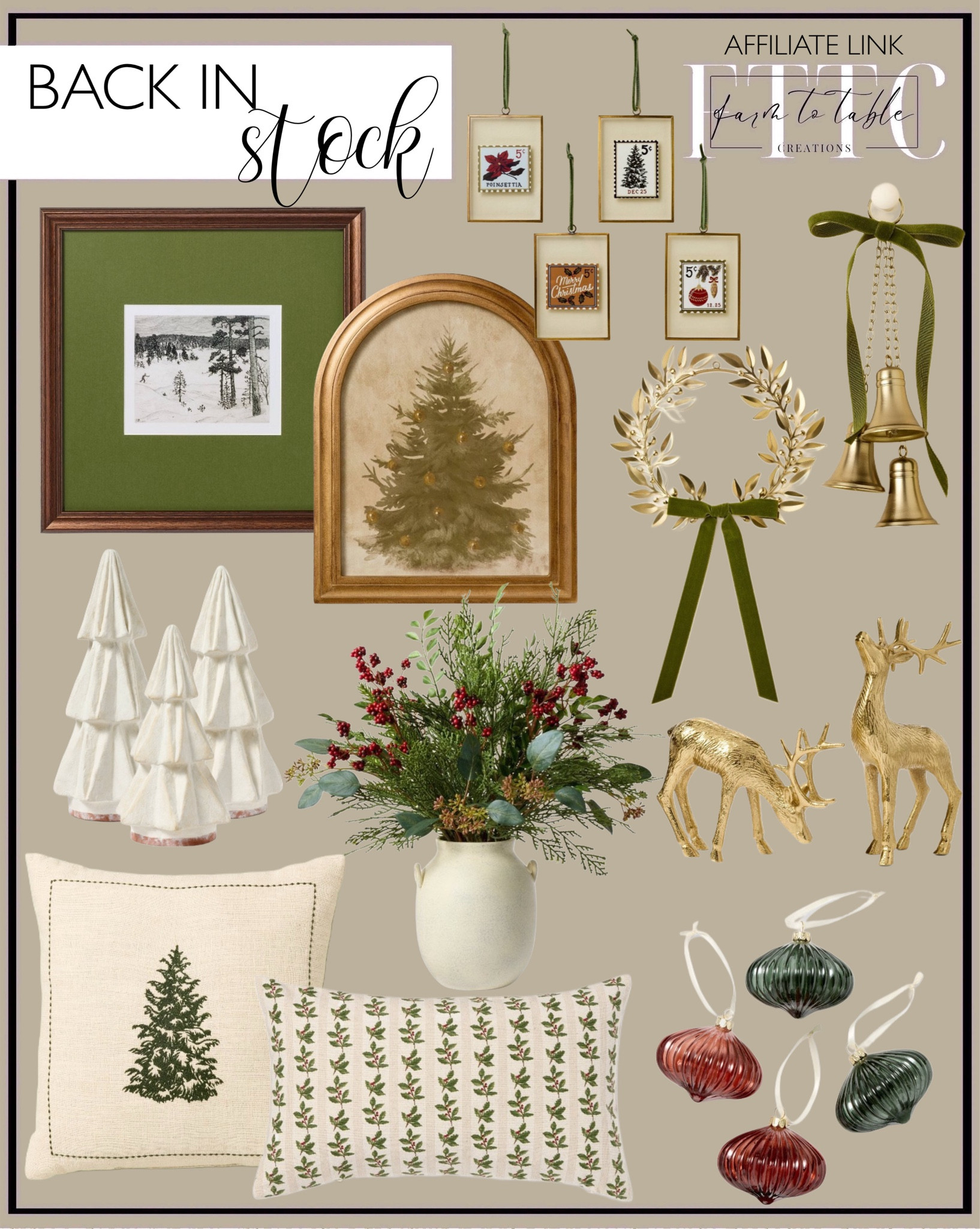 Back In Stock. Follow @farmtotablecreations on Instagram for more inspiration.

Decorative brass bell Christmas dangler. Skier Framed Artwork. Glass Ornaments. Arched Christmas Tree Print. Holly Striped Lumbar Throw Pillow. Red Berry Holiday Artificial Arrangement. 16"x16" Tree Embroidered Christmas Throw Pillow. Matte Ceramic Christmas Trees. Framed Stamped Christmas Tree Ornaments. Rattan Basket Weave trees. 

Target. Hearth & Hand. Studio McGee. Christmas Decor. Christmas Finds. Living room decor. Bathroom decor. Threshold Decor. Large Gold Deer. Matte Ceramic Christmas Trees. 

#LTKFindsUnder50 #LTKHome #LTKHoliday