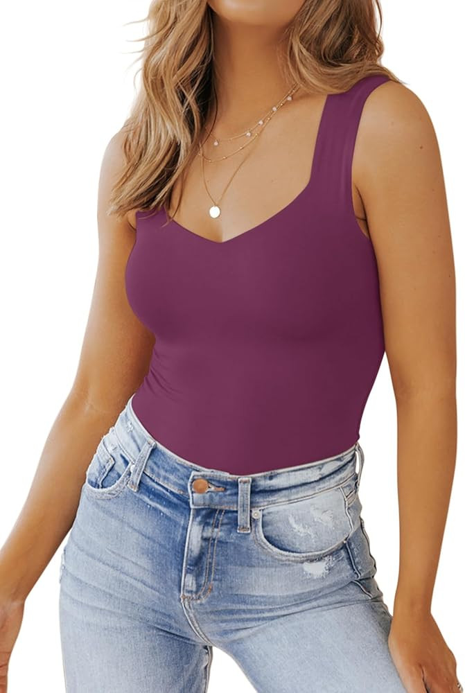 PINKMSTYLE Women's Basic Double Lined V Neck Tank Tops Sleeveless Shirts Slimming Summer Tops | Amazon (US)