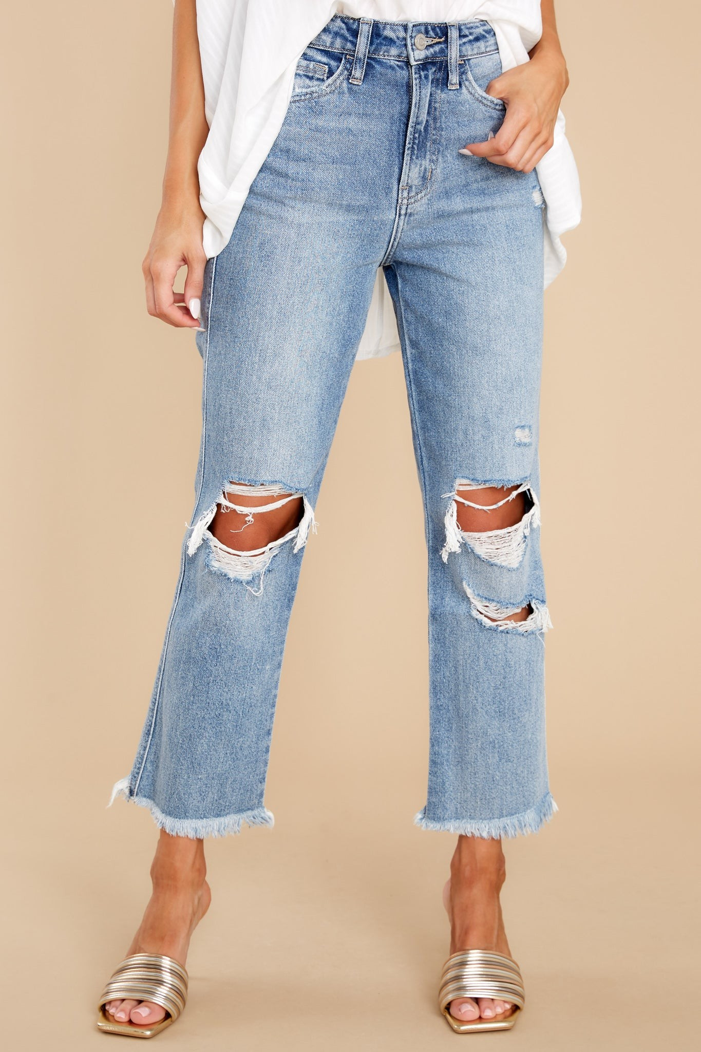 Sit Back And Relax Medium Wash Distressed Straight Jeans | Red Dress 