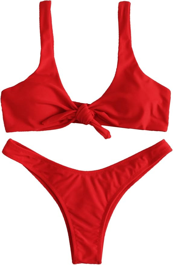 SweatyRocks Women's Sexy Bikini Swimsuit Plaid Print Tie Knot Front Thong Bottom Swimwear Set | Amazon (US)