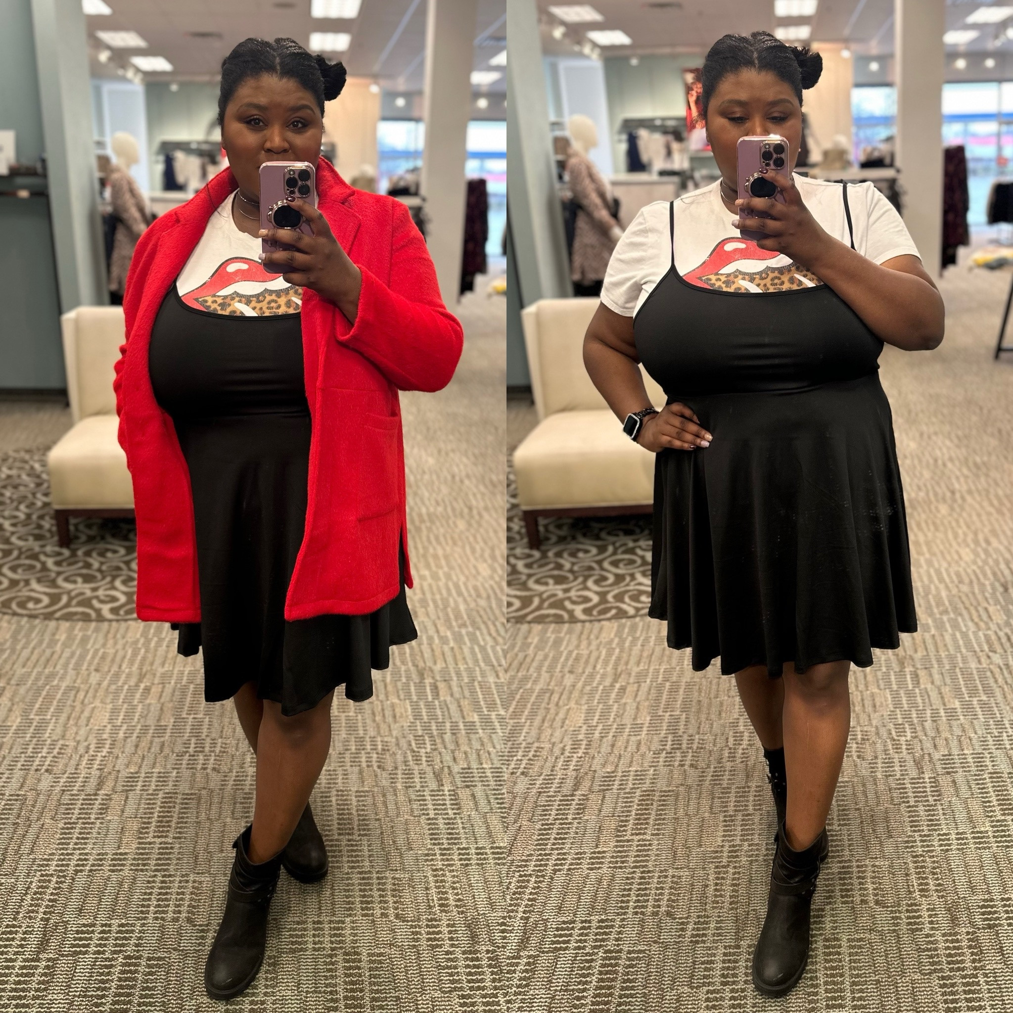 Holiday vibes | red coat | babydoll dress | graphic | combat boots

#LTKSeasonal #LTKHoliday #LTKplussize