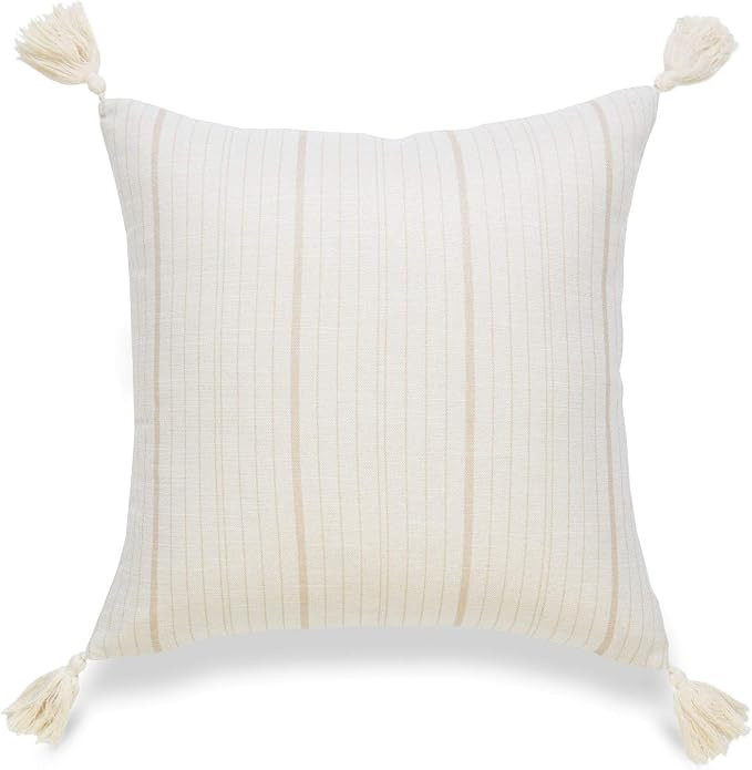 Hofdeco Coastal Decorative Throw Pillow Cover ONLY, for Couch, Sofa, or Bed, Taupe Stripe Tassel,... | Amazon (US)