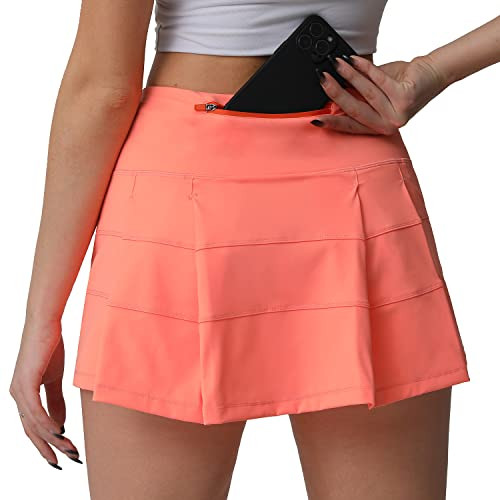 Husnainna High Waisted Pleated Tennis Skirt with Pockets Athletic Golf Skorts for Women Casual Workout Built-in Shorts 018BZQ-Orange/d8 | Amazon (US)