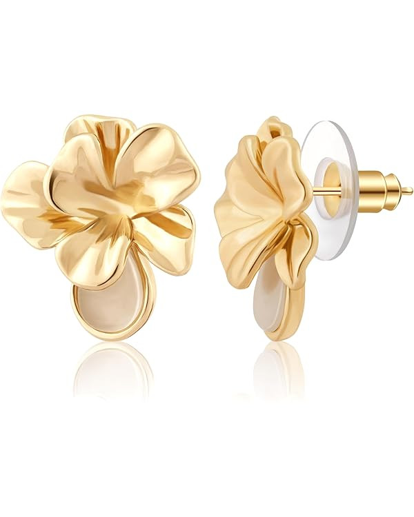 14K Gold Stud Earrings for Women - Hypoallergenic Nickel-Free Teardrop Flower Design, Dainty Tren... | Amazon (US)