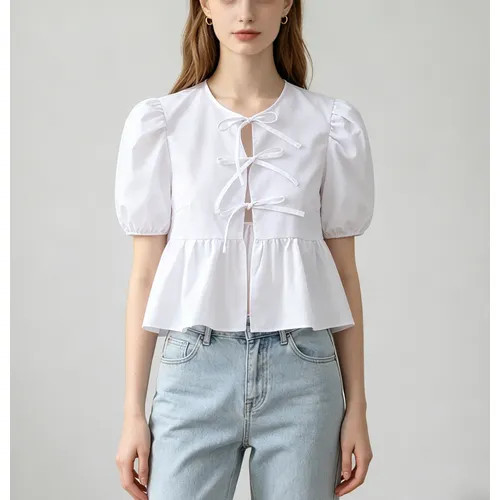 Norium - Short-Sleeve Plain Peplum Tie Front Blouse | YesStyle Global
