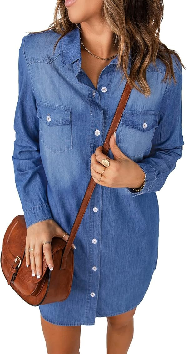 GRAPENT Women Casual Denim Shirt Dress Button Down Pockets Long Sleeve Tunic Top | Amazon (US)
