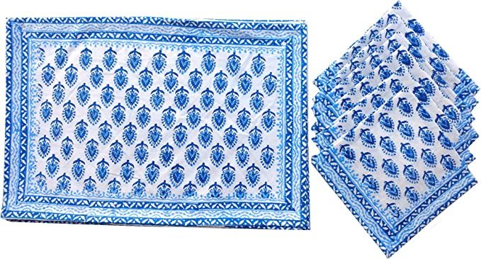 Rastogi Handicrafts Hand Block 100% Cotton Indian Style Theme Dining Table Mats and Napkins Set o... | Amazon (US)