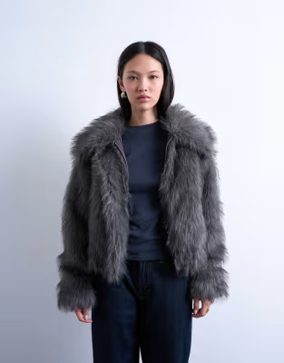 Topshop faux fur zip up bomber jacket in gray | ASOS (Global)