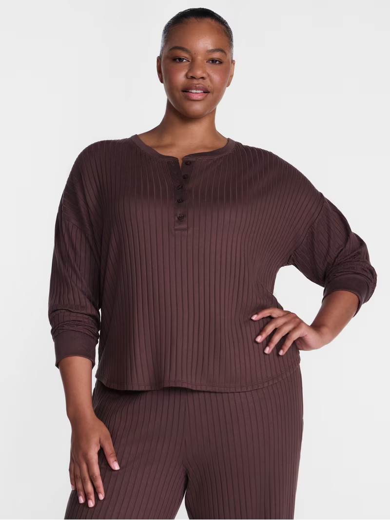 Joyspun Women's Cozy Lounge Collection Hacci Knit Henley Sleep Top with Long Sleeves, Sizes XS-3X | Walmart (US)