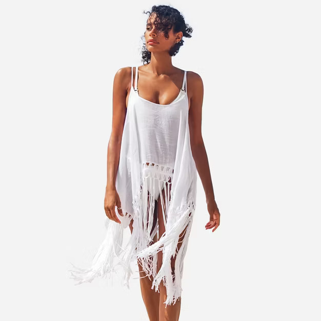 Women's White Sleeveless Tassel Hem Spaghetti Straps Swimsuit Cover Up - Cupshe, One Size | Target