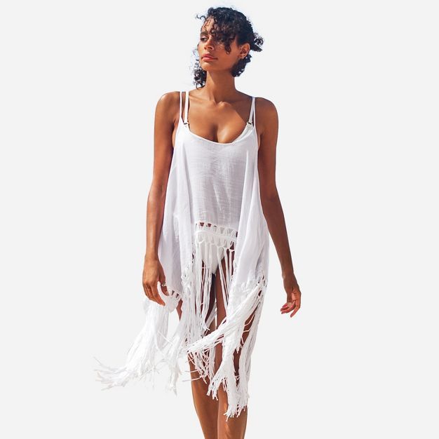 Women's White Sleeveless Tassel Hem Spaghetti Straps Swimsuit Cover Up - Cupshe, One Size | Target
