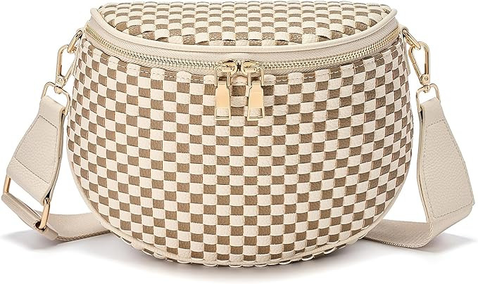 Trendy Woven Checkered Crossbody Bum Bag for Women，PU Leather Checkered Purse Fanny Packs Belt ... | Amazon (US)
