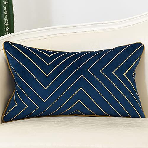 Avigers 12 x 20 Inch Navy Blue Gold Striped Geometric Lines Embroidery Velvet Cushion Case Luxury... | Amazon (US)