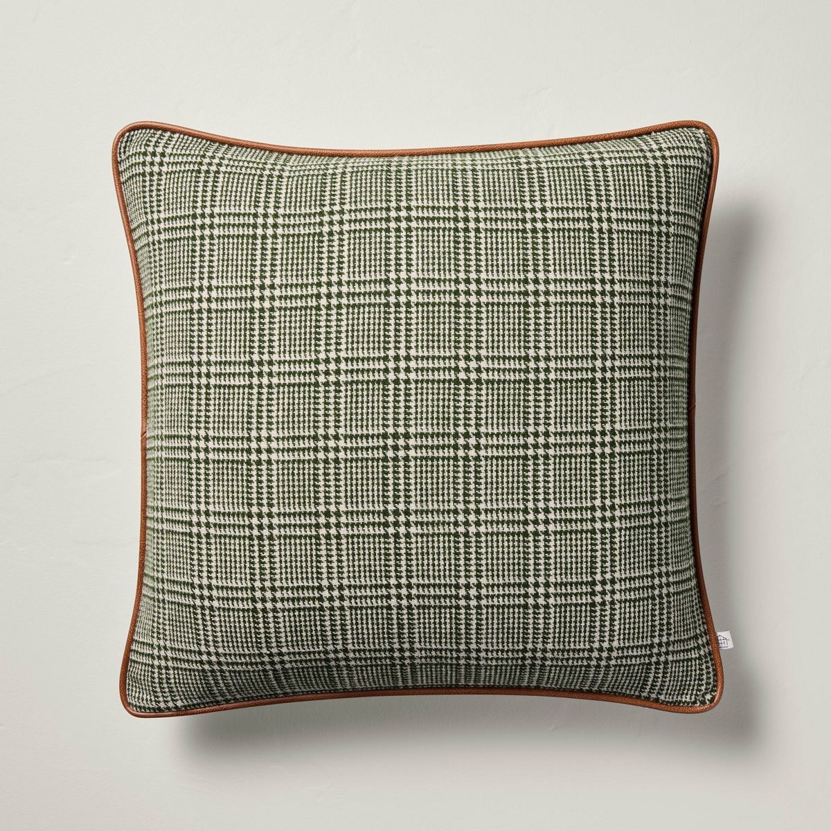 18"x18" Houndstooth with Faux Leather Trim Square Throw Pillow Green/Brown - Hearth & Hand™ wit... | Target