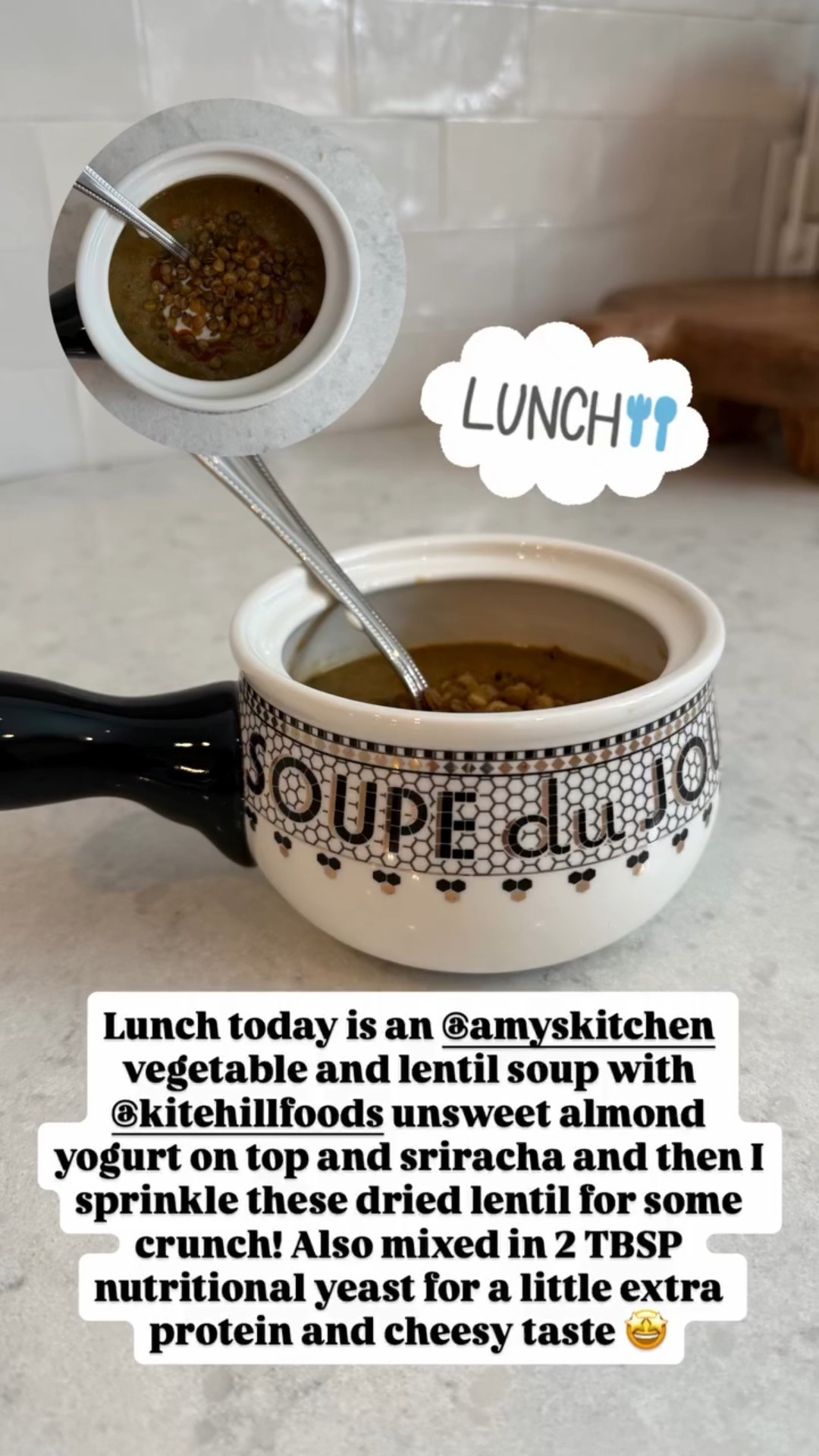 Anthropologie soup bowl. Lunch today is an @amyskitchen vegetable and lentil soup with @kitehillfoods unsweet almond yogurt on top and sriracha and then I sprinkle these dried lentil for some crunch! Also mixed in 2 TBSP nutritional yeast for a little extra protein and cheesy taste 🤩

#LTKfitnessgoals #LTKHome #LTKdayinmylife