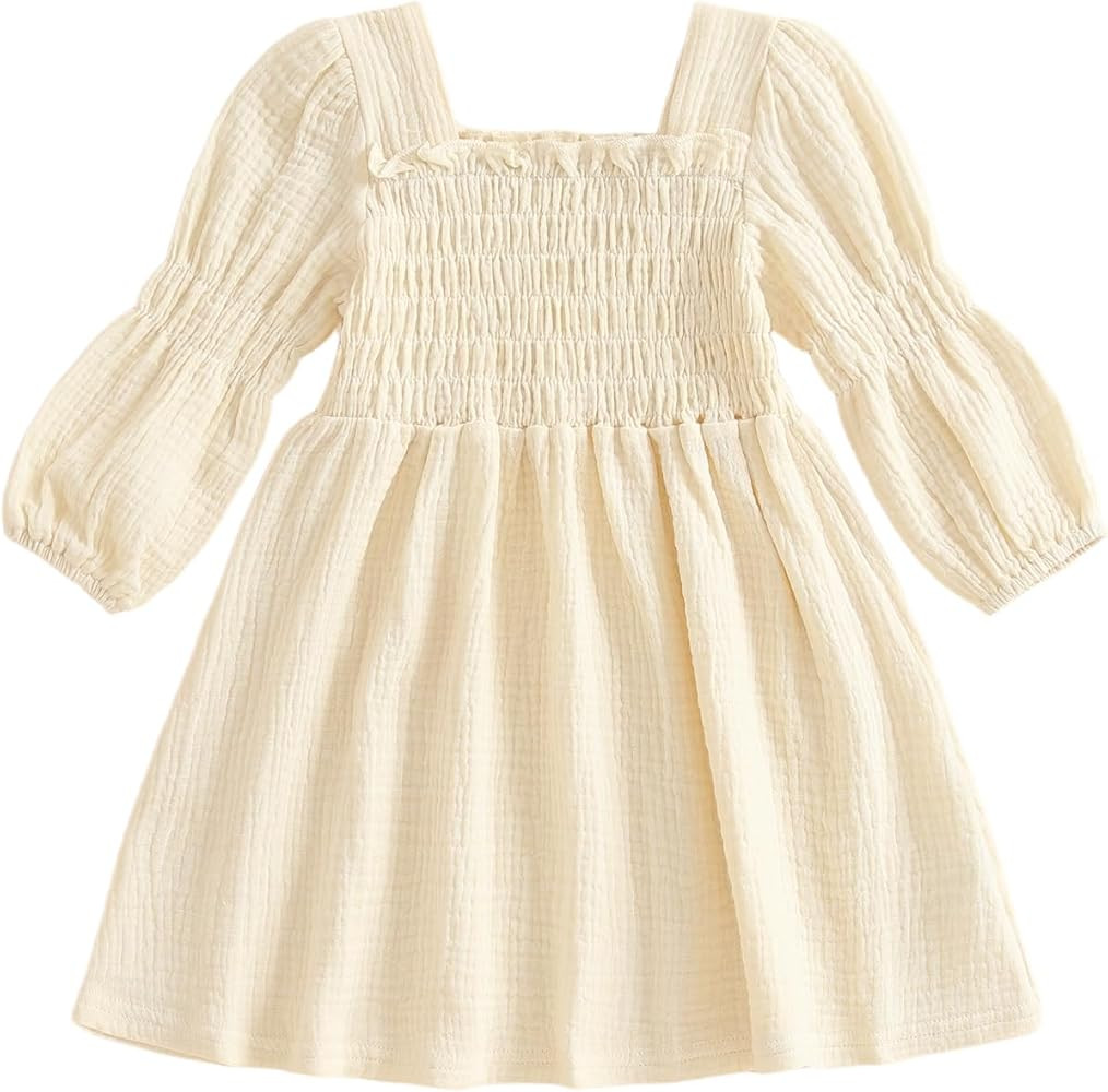 Toddler Girl Smocked Dress Lantern Long Sleeve Solid Color Casual A Line Little Girl Dresses Fall... | Amazon (US)