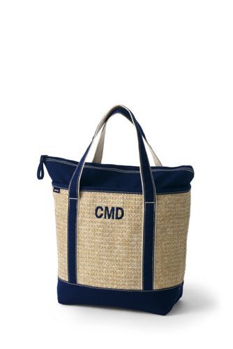 Canvas Lined Straw Medium Zip Top Tote Bag | Lands' End (US)
