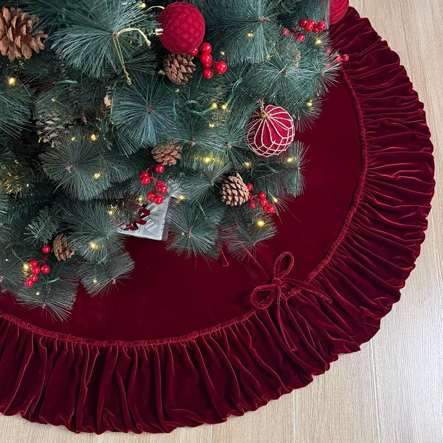 Ruffled Velvet Christmas Tree Skirt with Foam Padding, Nylon Backing and Lace-Up Tie Closure (Bur... | Amazon (US)