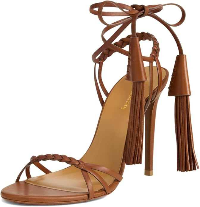 Women Sexy Open Round Toe Lace up Tassels Strappy Sandals Tie up Ankle Wrap Stiletto High Heels G... | Amazon (US)