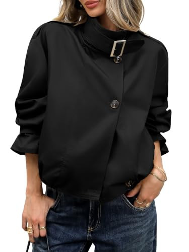 ELLEVEN Womens Funnel Neck Cropped Trench Coat with Pocket Black Small | Amazon (US)