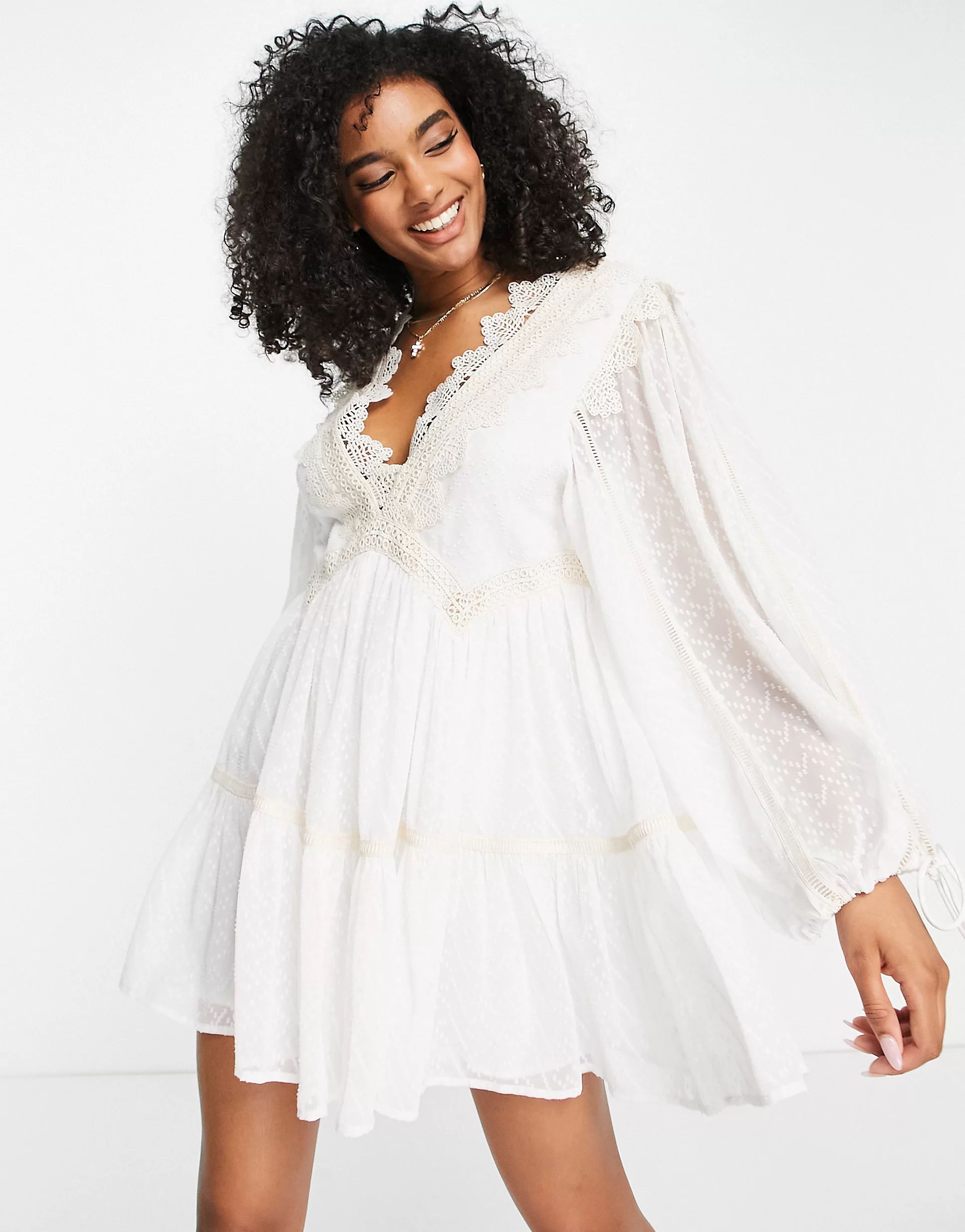 ASOS DESIGN lace detail mini dress with tiered skirt in texture | ASOS (Global)