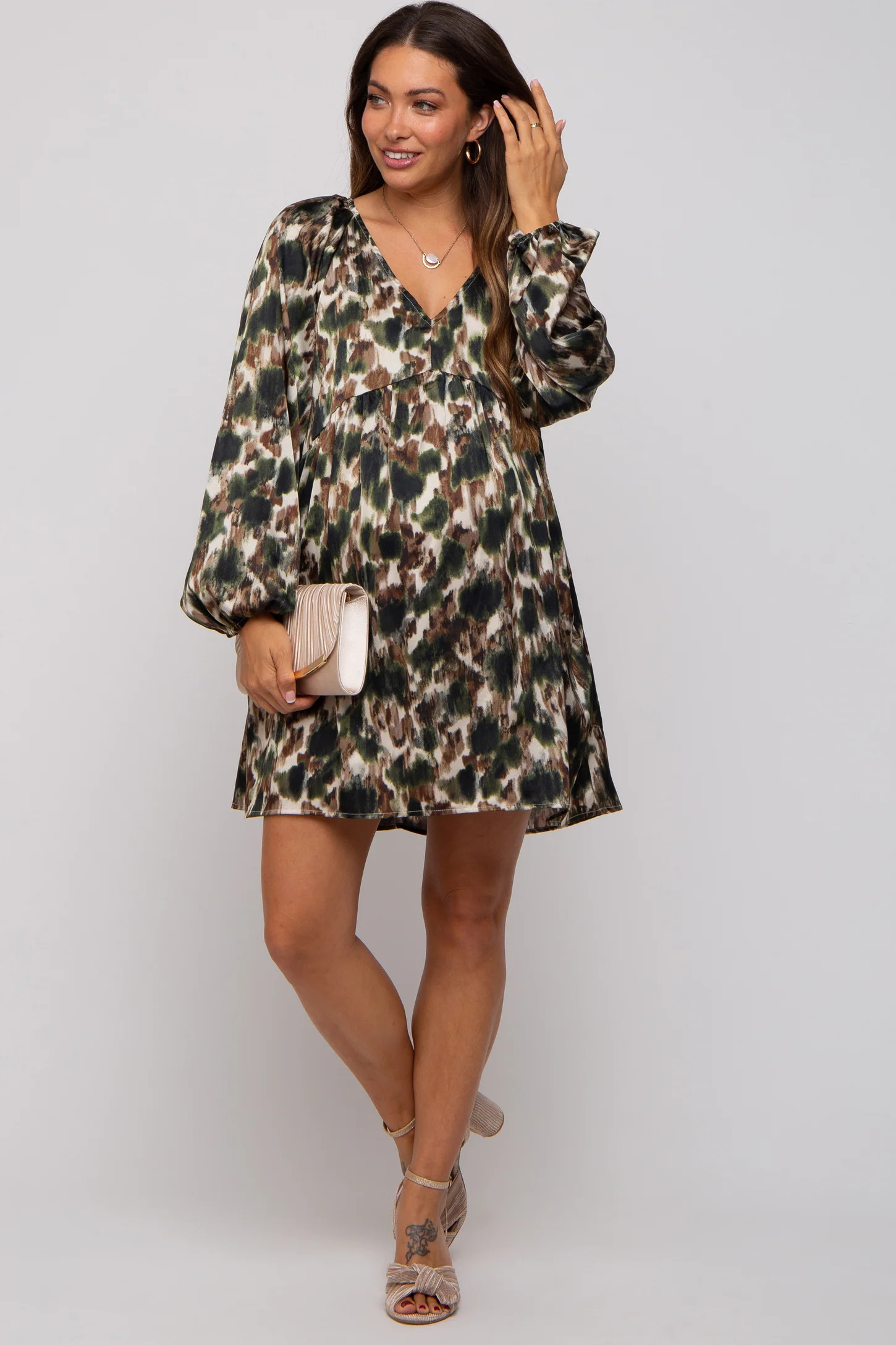 Olive Printed Long Sleeve Maternity Dress | PinkBlush Maternity
