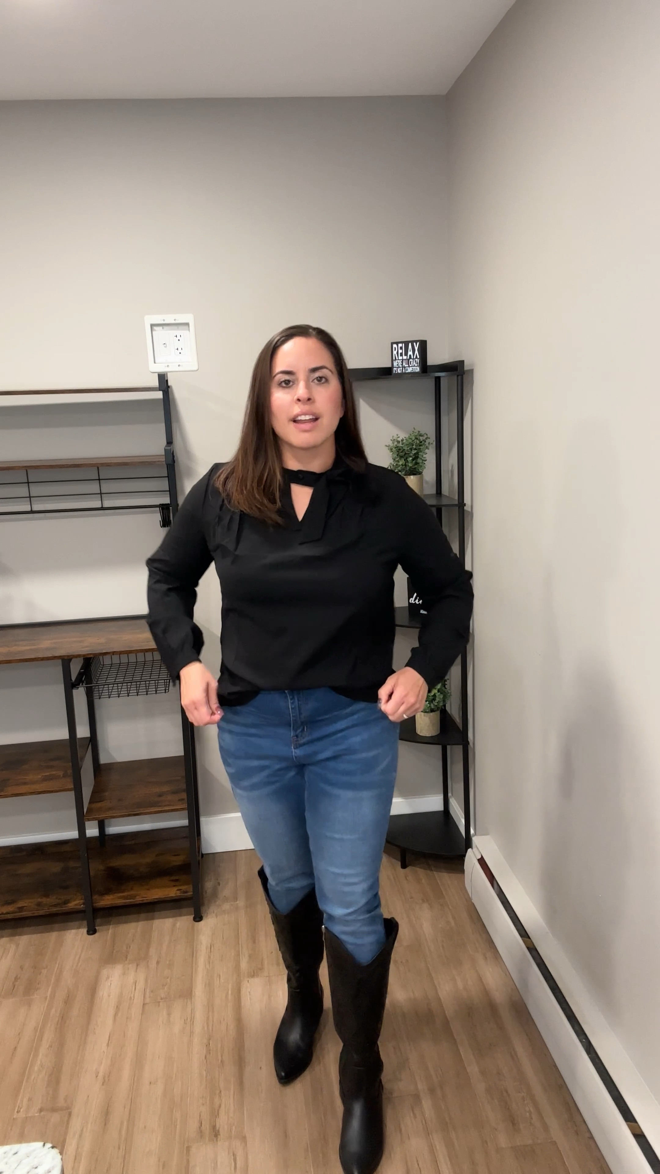 Mid size fall fashion, dressy shirt with tie detail paired with jeans and boots
Shirt size Large
Jeans size Large
Boots size 9

#LTKVideo #LTKStyleTip #LTKMidsize