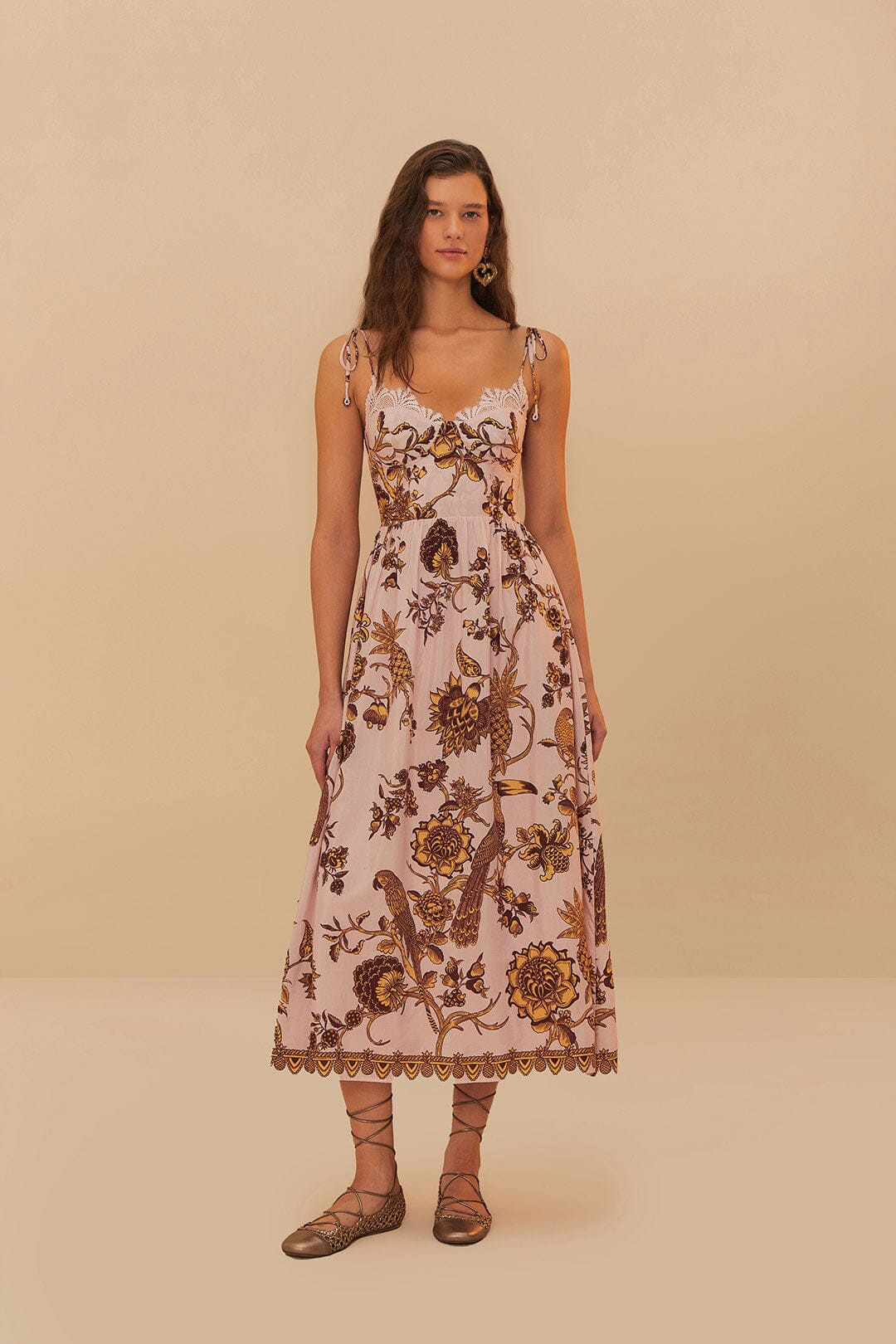 Pink Tropical Landing Lace Midi Dress | FarmRio (US)