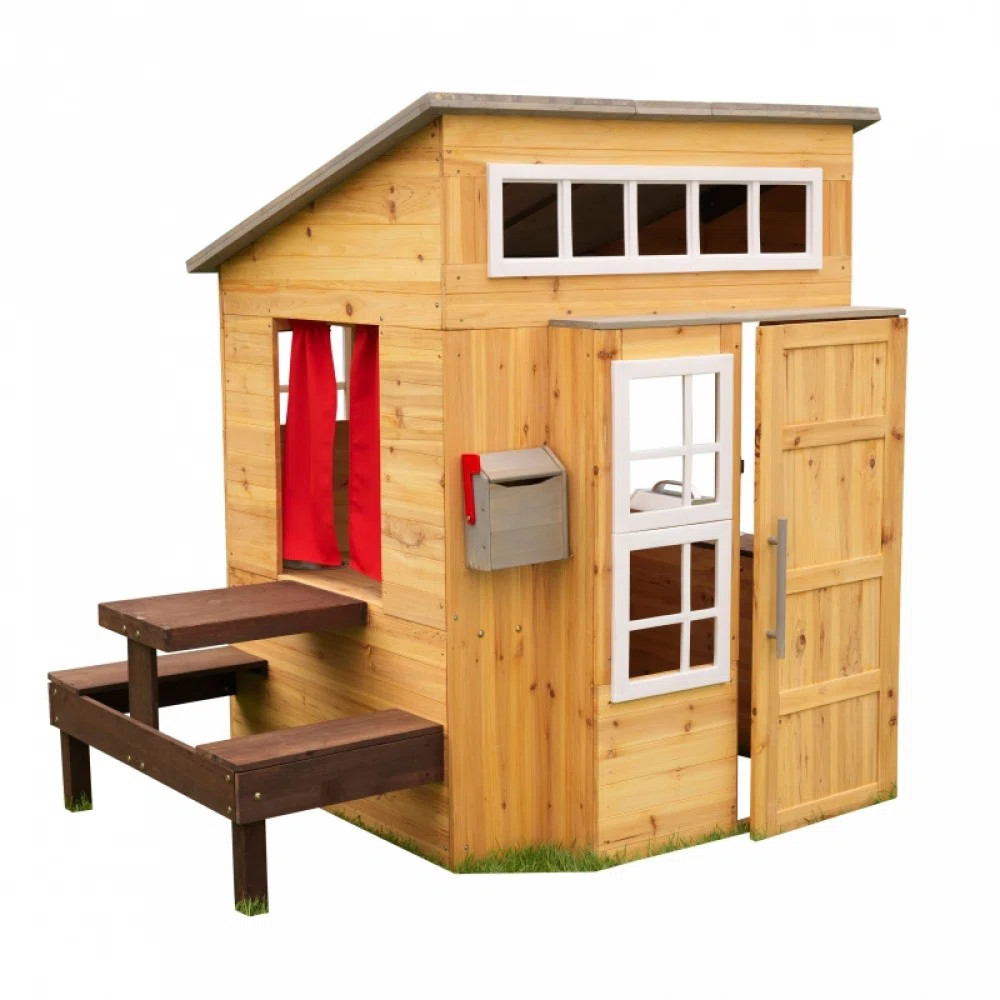 Modern Outdoor Wooden Playhouse with Picnic Table, Mailbox and Outdoor Grill - Natural | Wayfair North America