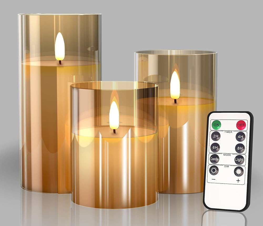 Glass Battery Operated LED Pillar Flameless Candles with10-Key Remote and Timer, Real Wax Candles... | Amazon (US)