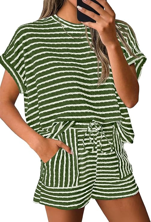 Tankaneo Womens Striped Summer 2 Piece Short Sets Short Sleeve T Shirts Drawstring Shorts Casual ... | Amazon (US)